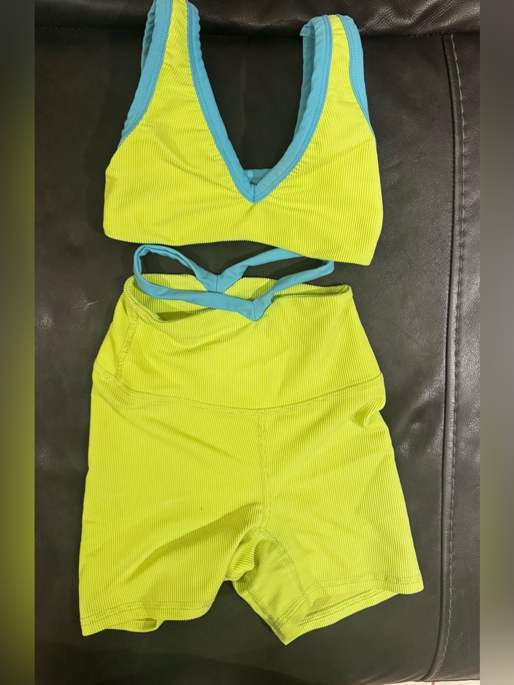 FIVE Girls YXL Neon Lime Ribbed 2PC Activewear Set Blue Trim
